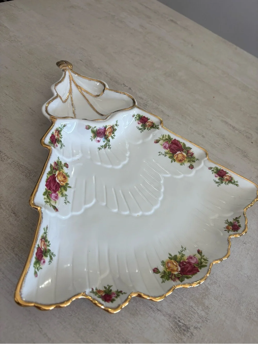 Porcelain Holiday Tree Serving Dish with Gold Trim Royal Albert old country rose